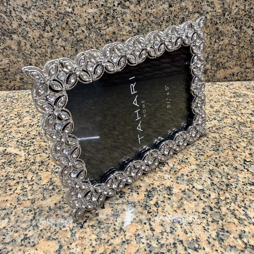 Tahari Home Picture Photo Frame 3.5x5 Silver Jeweled Floral Tabletop Decor